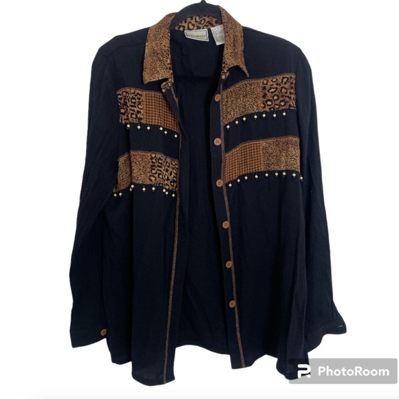 Leopard Beaded Tassel Animal Print Paid Button Down Elegant Classy Chic Blouse - Picture 1 of 6